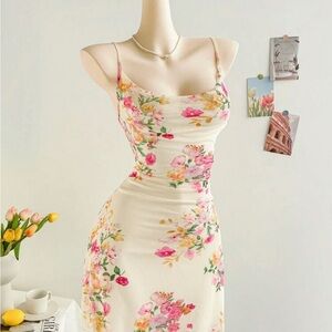 SHEIN Cream Ruched Midi Dress for Wedding Guest